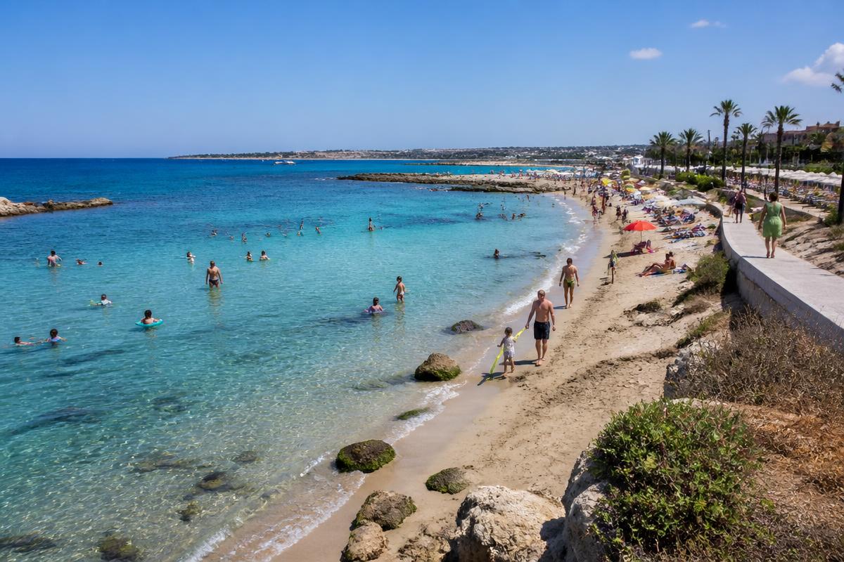 Blue-flag beach in Paphos with turquoise Mediterranean water