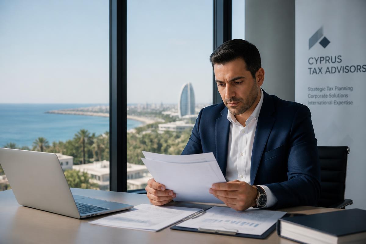 Tax advisor reviewing documents in a modern Cyprus office with sea view