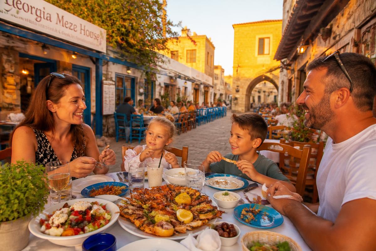 Family dining at a Mediterranean restaurant terrace in Paphos old town