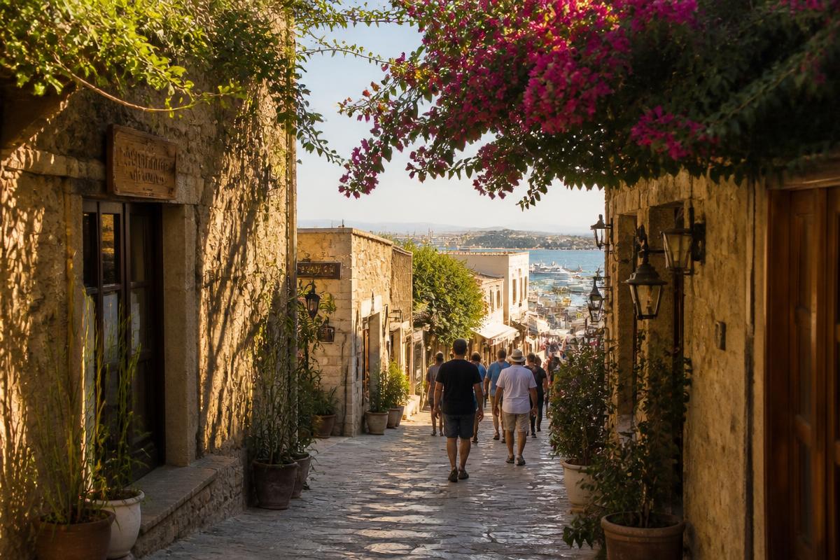 Narrow stone street in Paphos old town with bougainvillea and harbour views