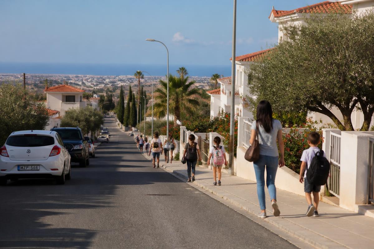 Safe residential street in Paphos with families walking to school