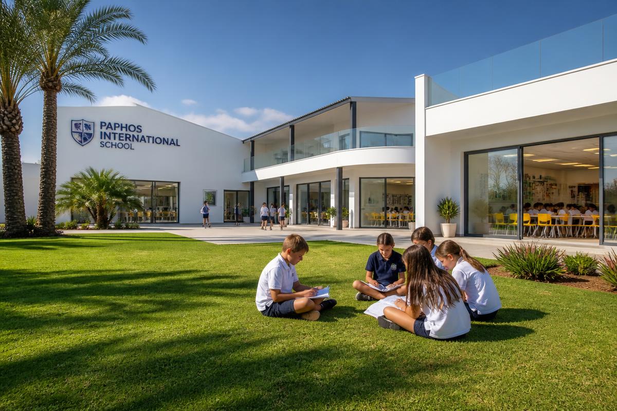 International school campus in Paphos with students learning outdoors