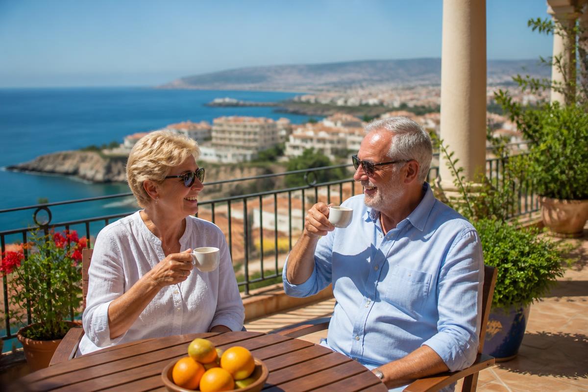 Retired couple enjoying coffee on a sunny Cyprus balcony overlooking the sea