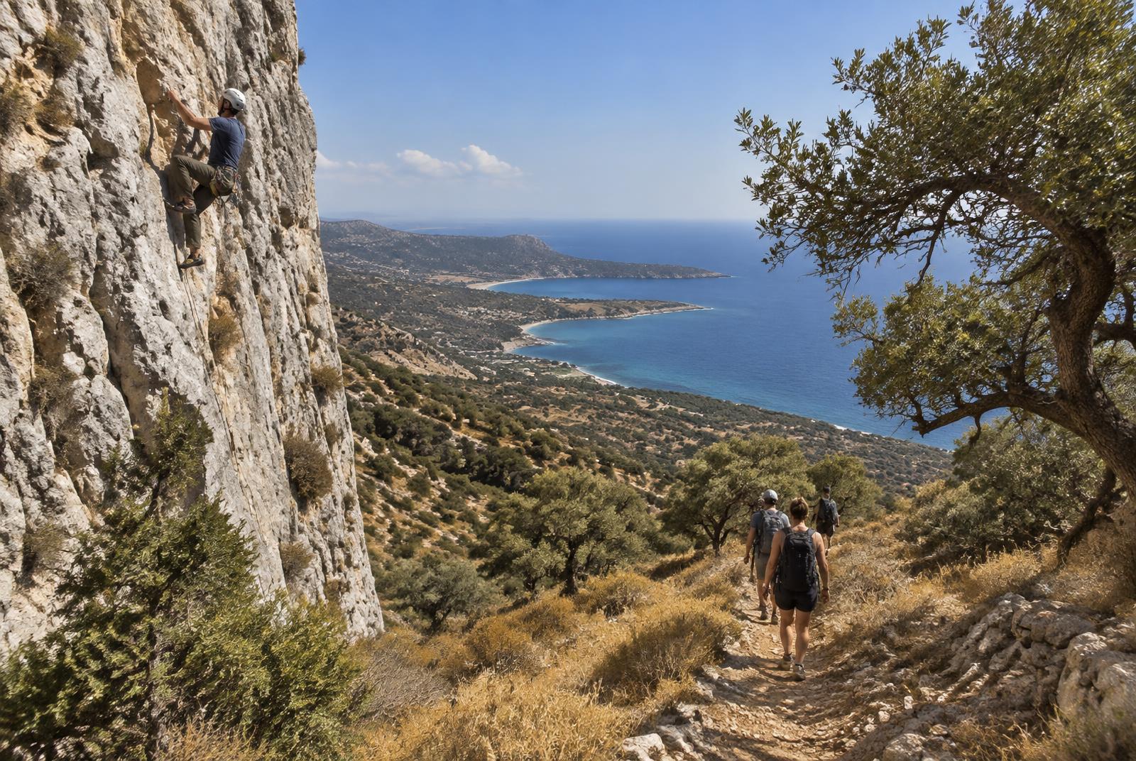 Climber and hikers on a limestone crag above the Akamas coastline near Ineia, Paphos, Cyprus in autumn