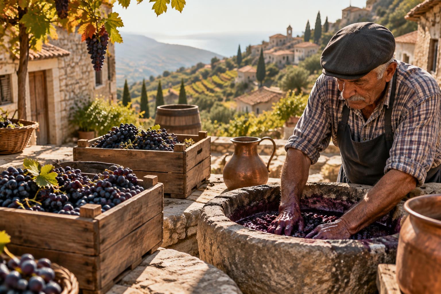 Traditional grape pressing during the autumn harvest in a Paphos mountain village, Cyprus