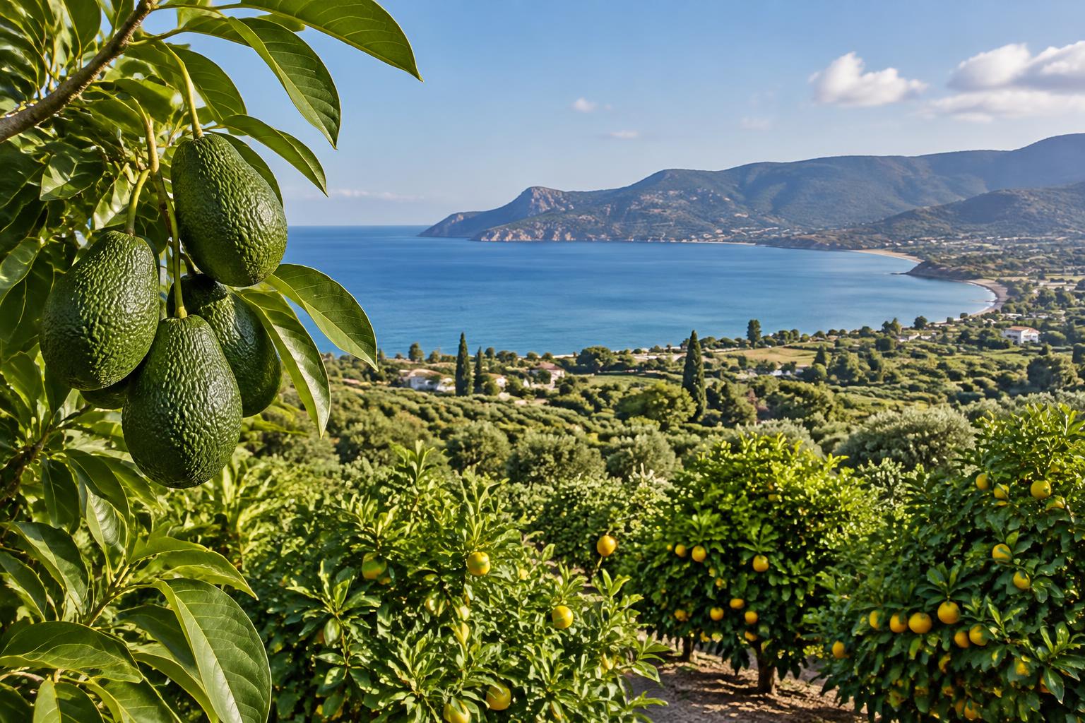 Avocado and citrus orchards above Chrysochous bay near Argaka and Polis, Paphos district, Cyprus