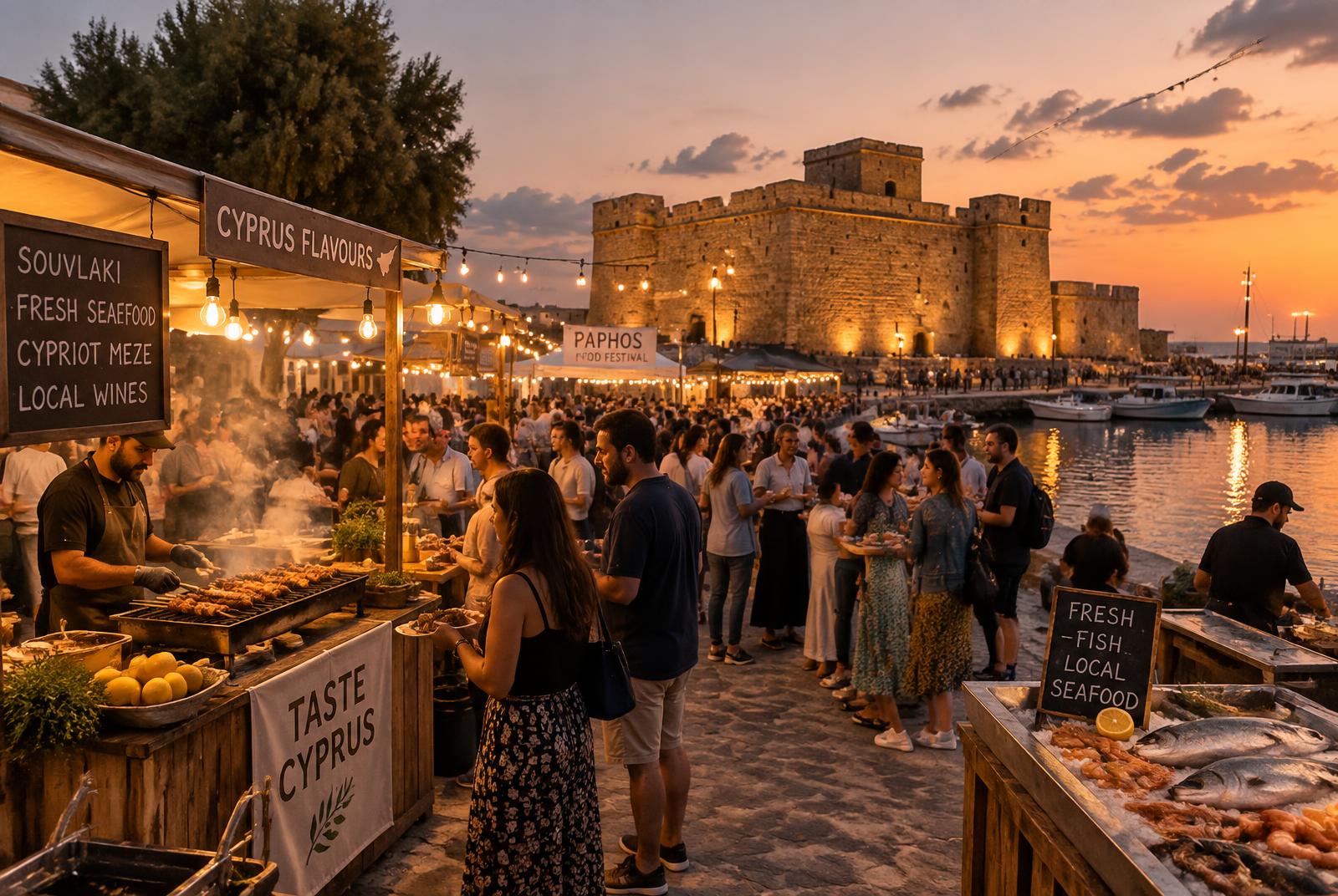 Evening street food festival stalls in front of Paphos Medieval Castle Square, Cyprus