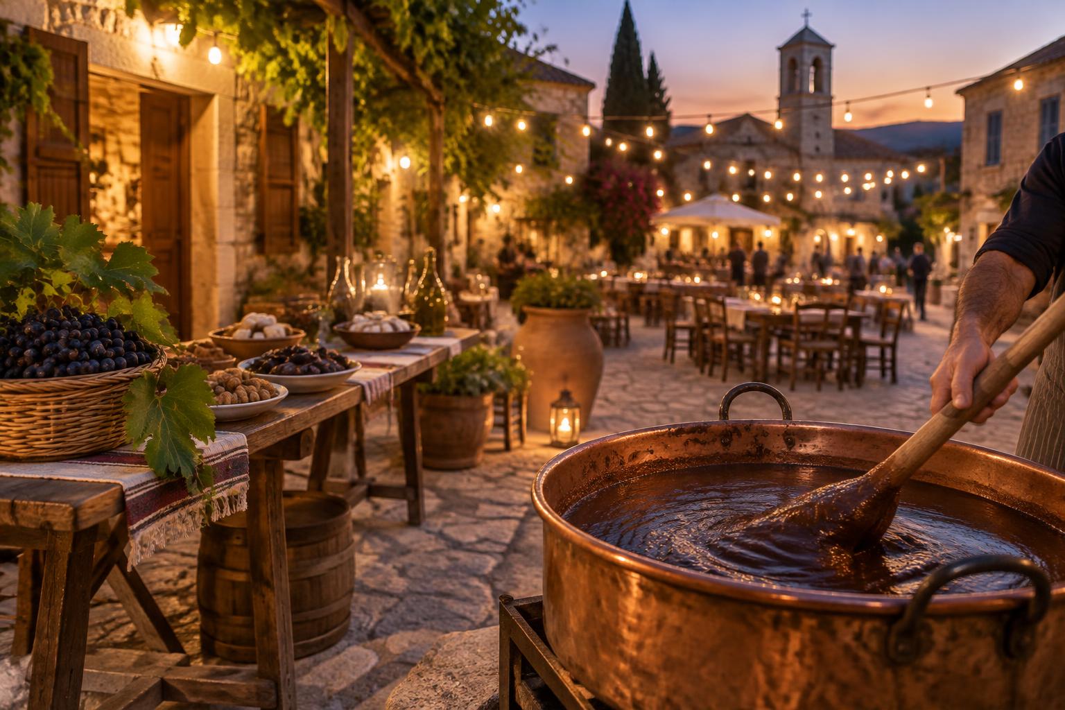 Village square festival at dusk in the Paphos countryside with palouzes being stirred in a copper pot
